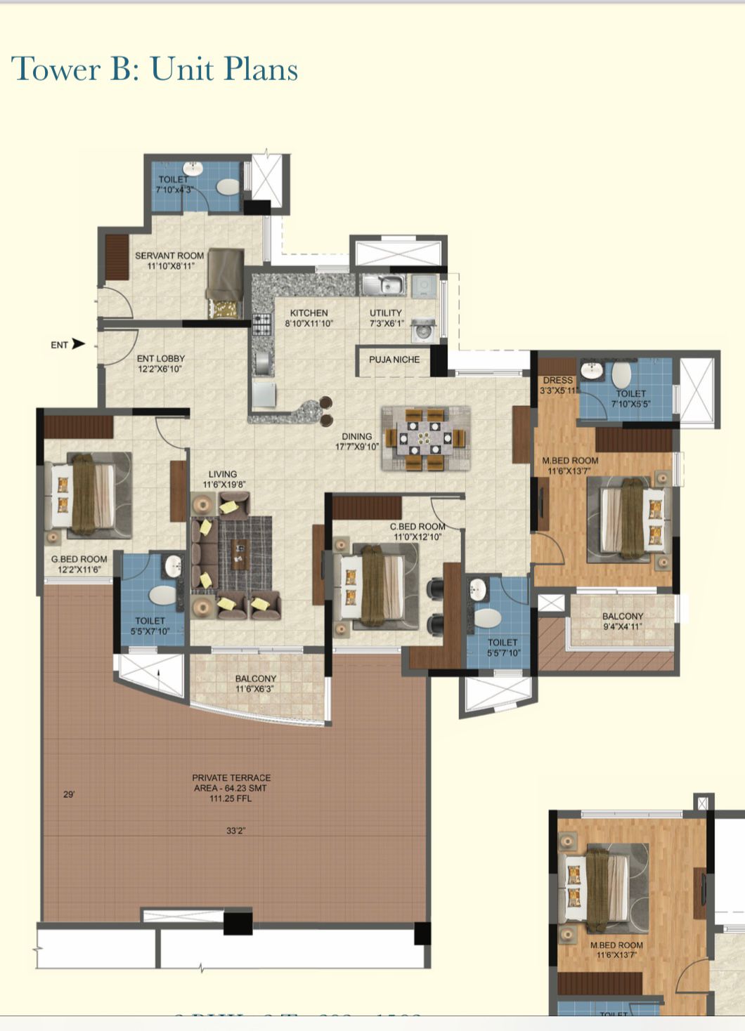3 BHK +3T + SERVANT